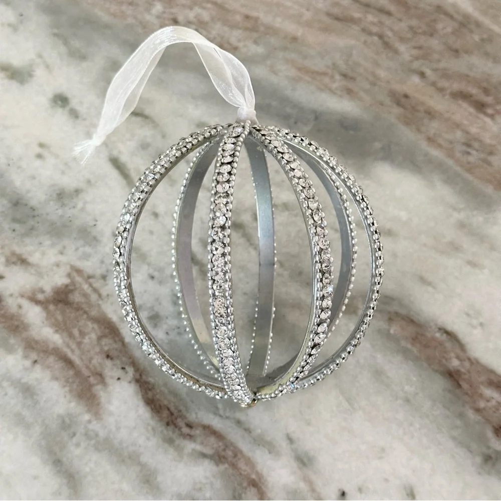 Large Silver Christmas Ornament- Rhinestone Beaded Sparkly Jewel Holiday Decor